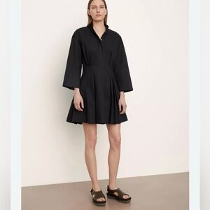 Vince Fitted Band Collar Pleated Black Mini Shirt Dress Shirtdress Cotton Hemp M